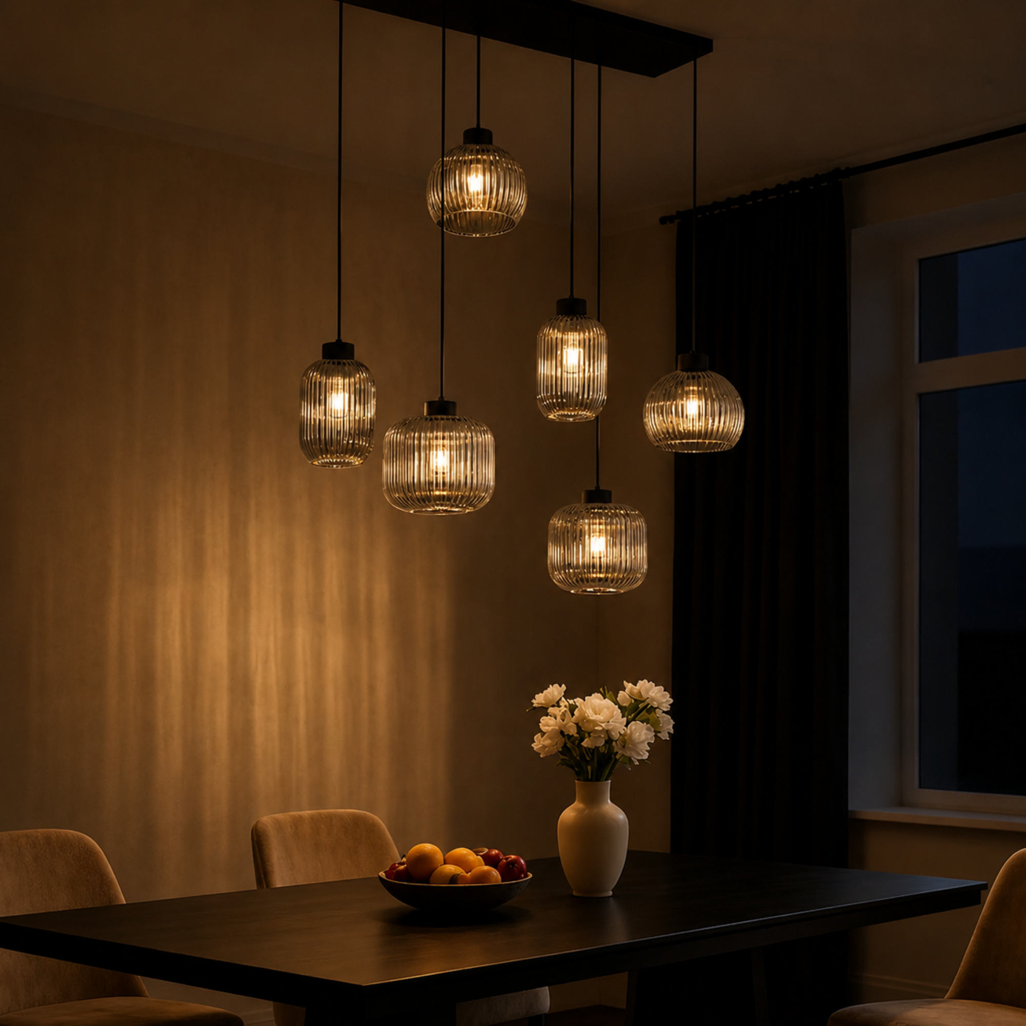 QAZQA Ana Smart Hanglamp Zwart met Smoke Glas - 6-Lichts Wifi Hanglamp Inclusief Dimbare LED Lichtbronnen