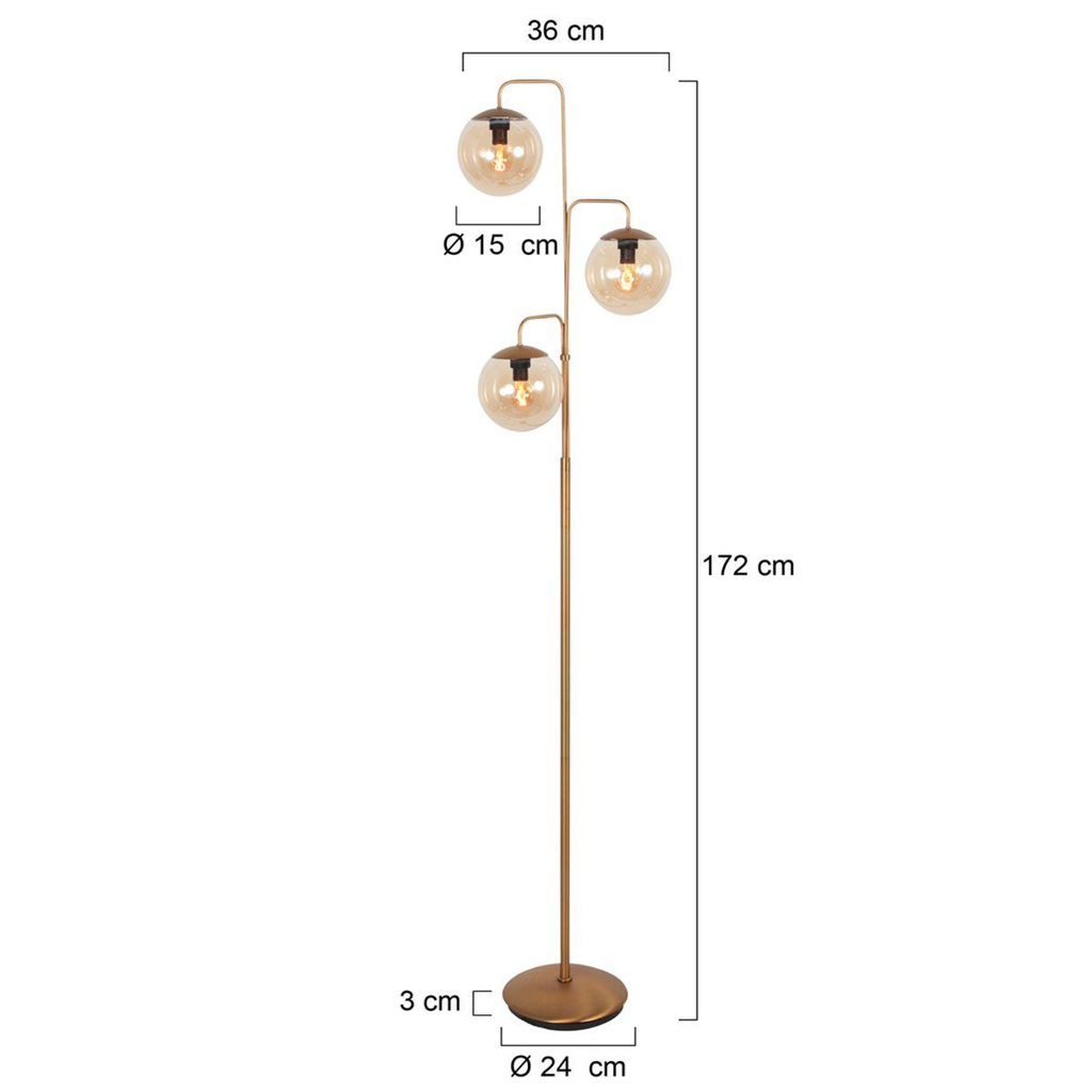 Steinhauer Bollique Vloerlamp | Brons Metaal, 3-Lichts Amber Glas voor Woonkamer