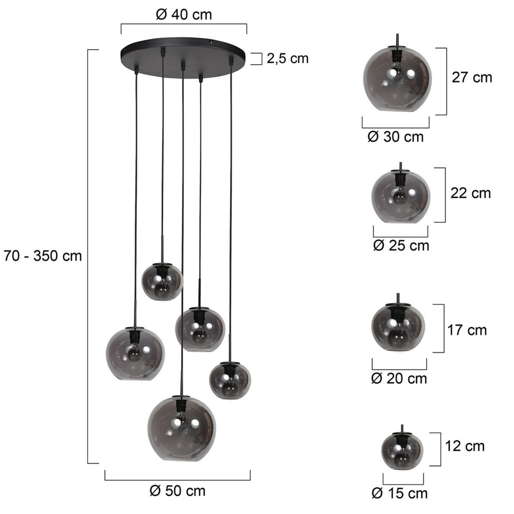 Steinhauer Sferio Hanglamp Zwart | Metaal met Rookglas, 5 Pendels voor Eettafel