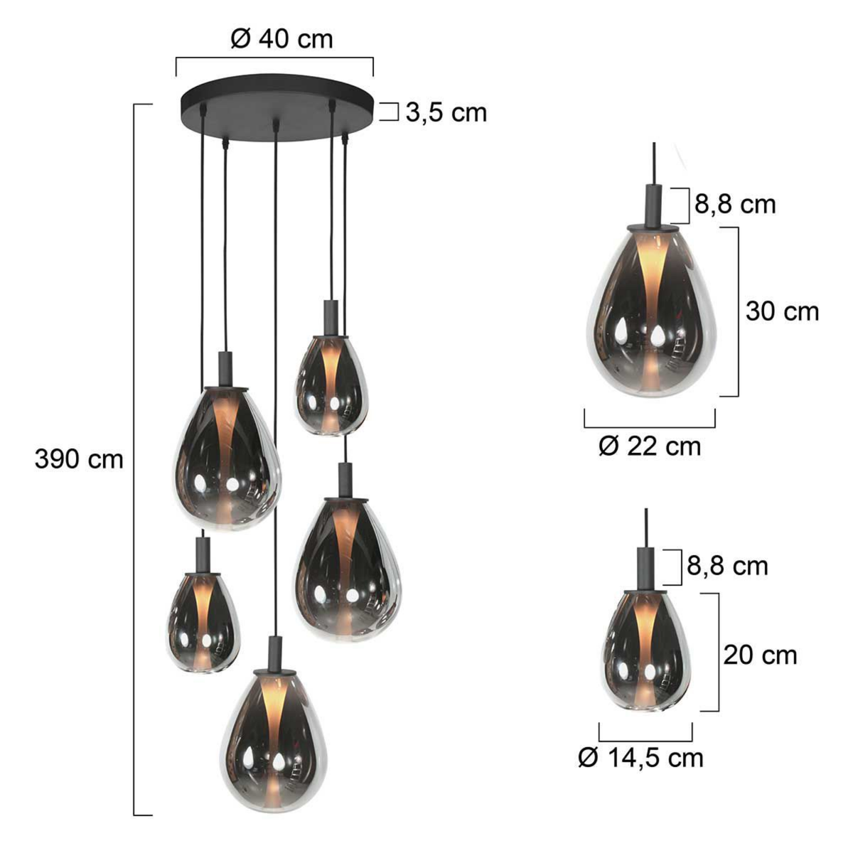 Steinhauer Glimsy Hanglamp Zwart | 5-Lichts, Verstelbaar, Smoke Glas, Perfect voor Eettafel Steinhauer
