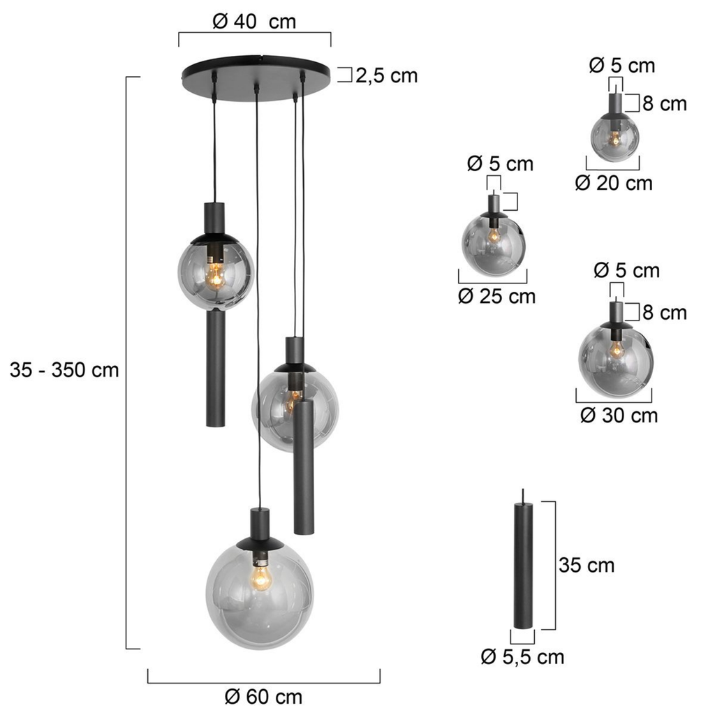 Steinhauer Bollique Hanglamp | Zwart Metaal, Smoke Glas, 5-lichts Steinhauer