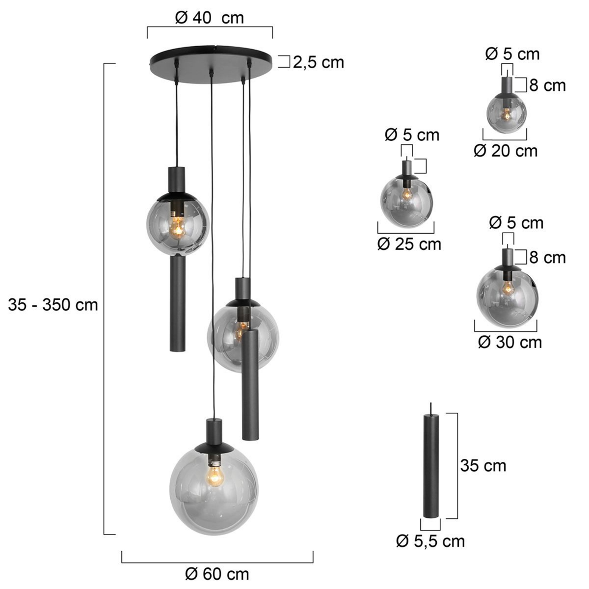 Steinhauer Bollique Hanglamp | Zwart Metaal, Smoke Glas, 5-lichts Steinhauer