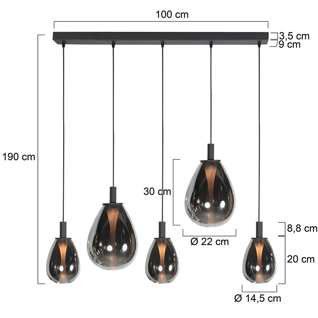 Steinhauer Glimsy Hanglamp | Zwart Metaal, Smoke Glas, Verstelbaar voor Eettafel