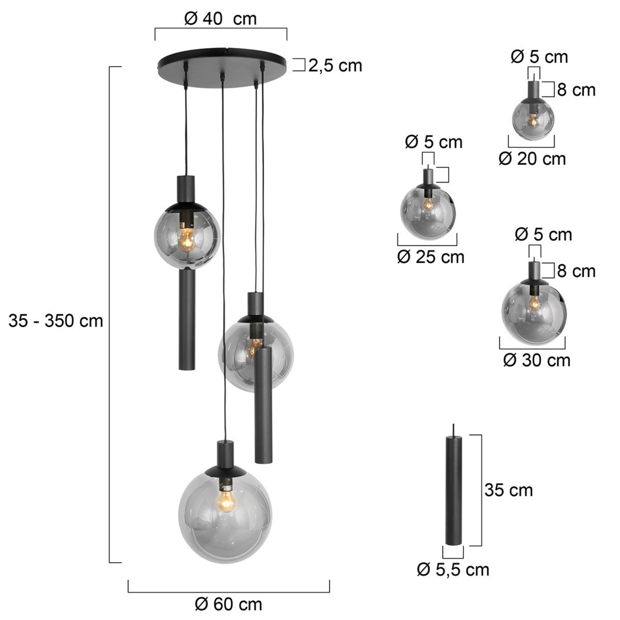 Steinhauer Bollique Hanglamp | Zwart Metaal, Smoke Glas, 5-lichts