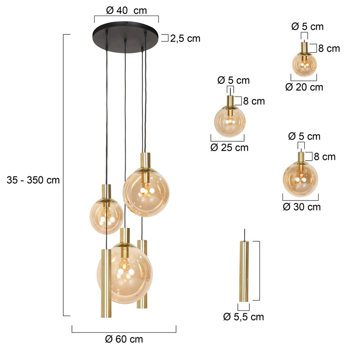 Steinhauer Bollique Hanglamp 5-lichts | Messing, Amberglas, Verstelbaar Steinhauer