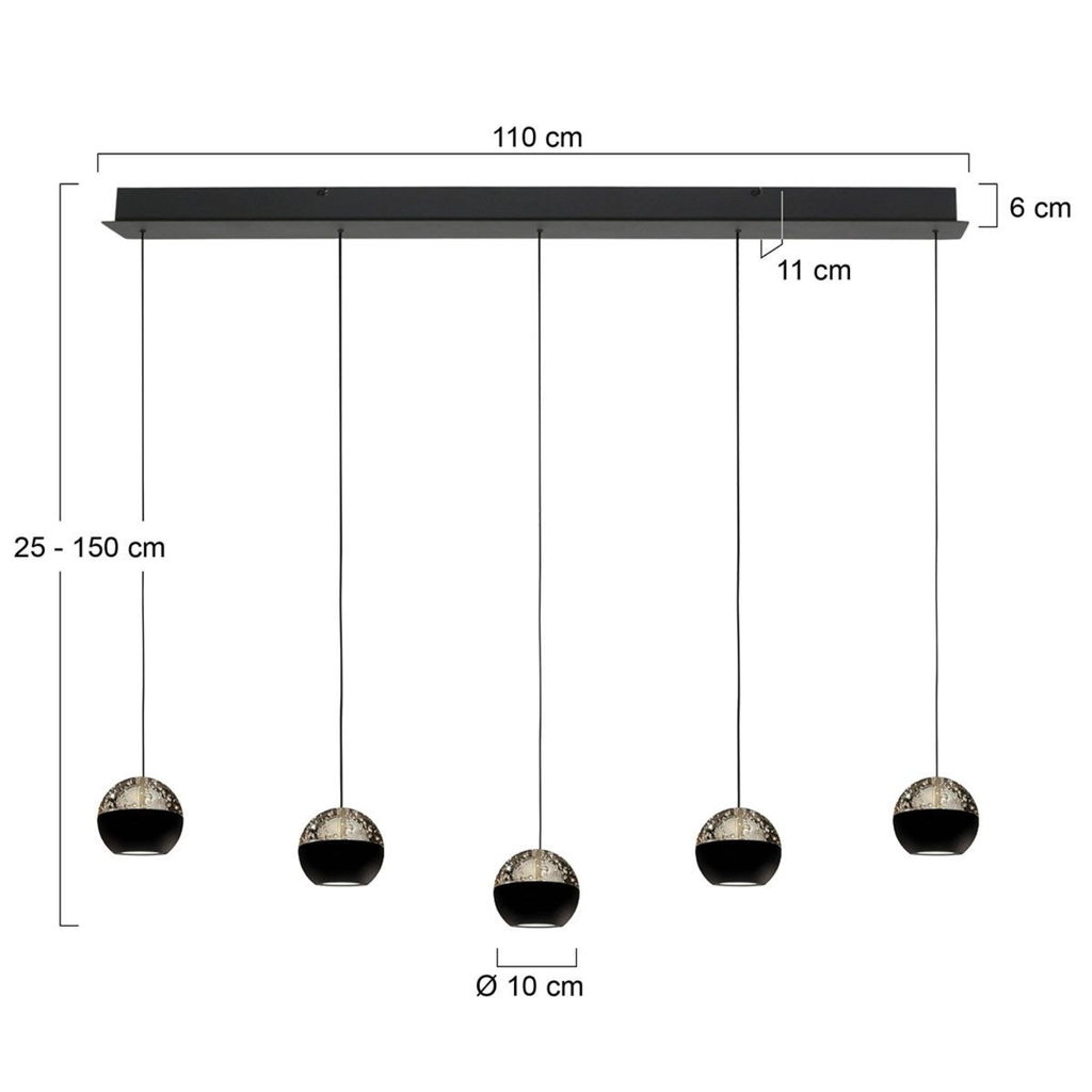 Steinhauer Belluno Hanglamp Zwart | 5-Lichts, Smoke Glas, Verstelbare Kabel, Eettafel Lamp