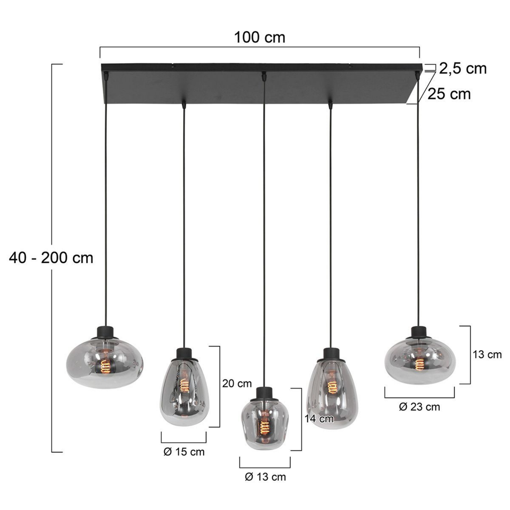 Steinhauer Reflexion Hanglamp | Zwart Staal, 5 Lichtpunten, Smoke Glas Steinhauer