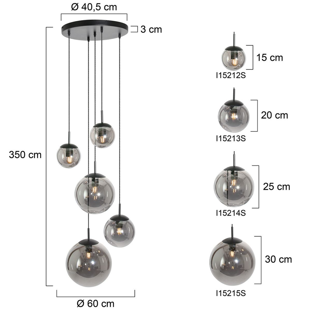 Steinhauer Bollique Hanglamp | Zwart Metaal, 5 Lichtpunten, Smoke Glas