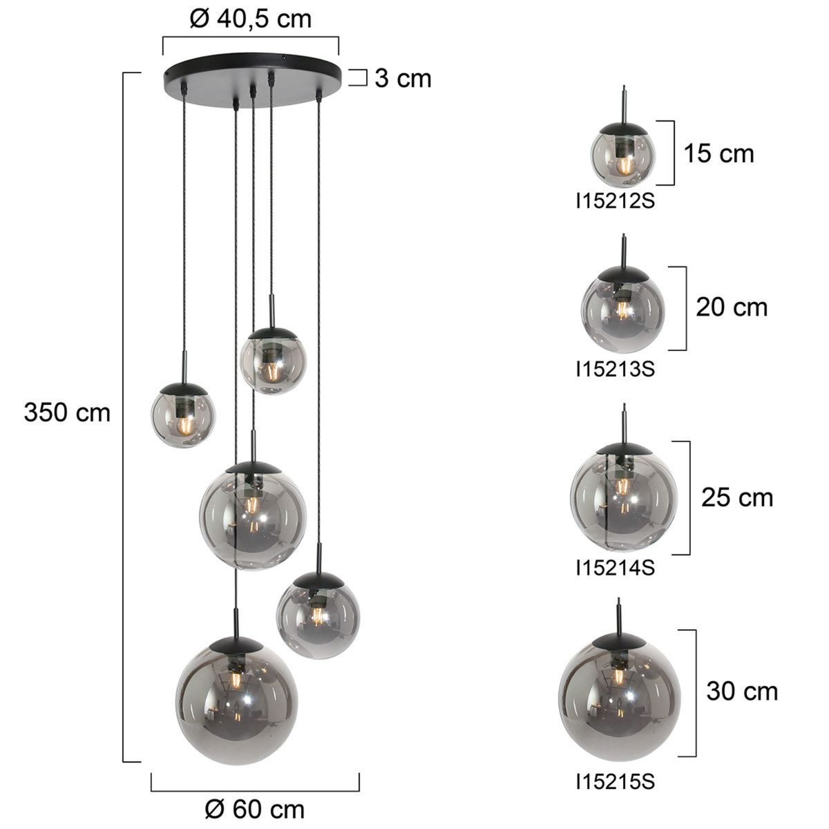 Steinhauer Bollique Hanglamp | Zwart Metaal, 5 Lichtpunten, Smoke Glas Steinhauer