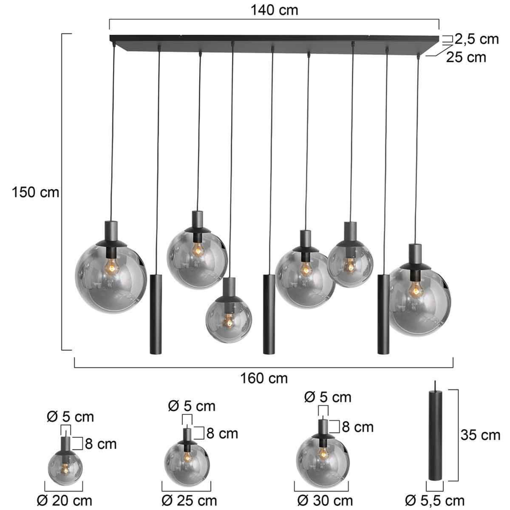 Steinhauer Bollique Hanglamp Zwart | 9-Lichts Smoke Glas, Verstelbaar voor Eettafel Steinhauer