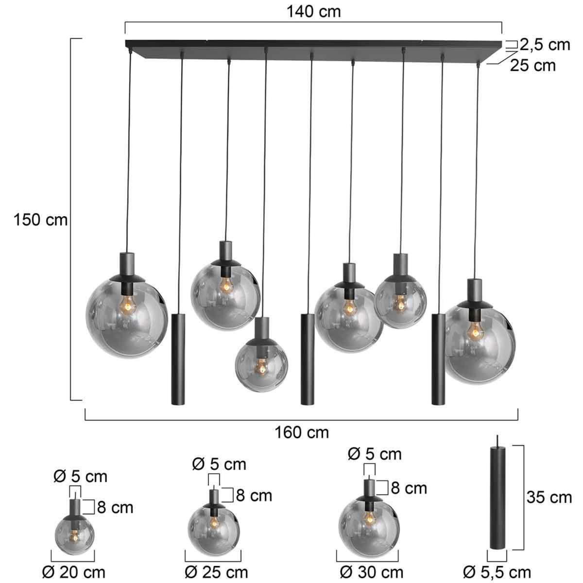 Steinhauer Bollique Hanglamp Zwart | 9-Lichts Smoke Glas, Verstelbaar voor Eettafel Steinhauer