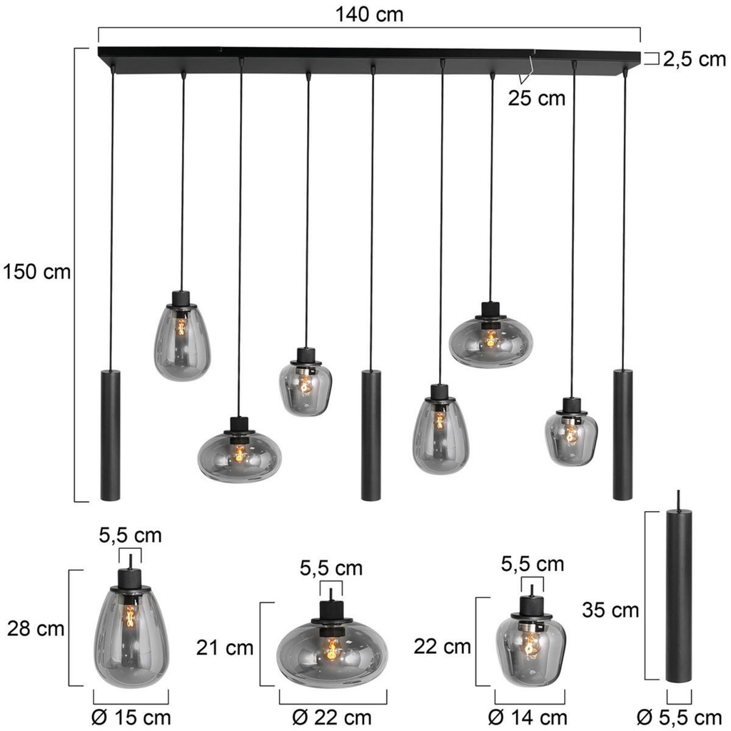 Steinhauer Reflexion Hanglamp 9-lichts | Zwart Metaal, Smoke Glas, Dimbaar Steinhauer