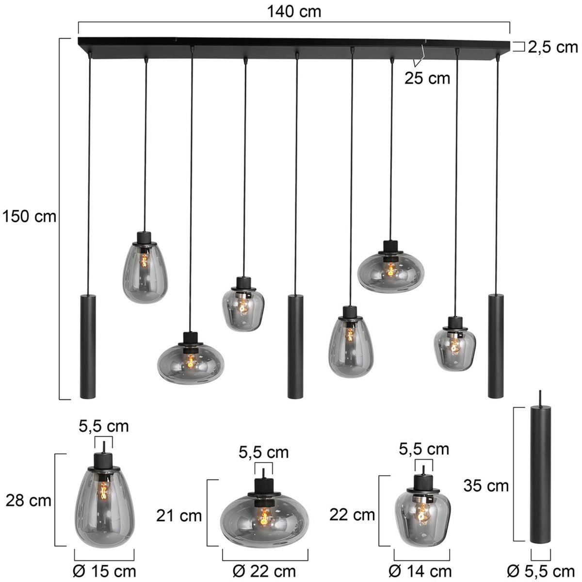 Steinhauer Reflexion Hanglamp 9-lichts | Zwart Metaal, Smoke Glas, Dimbaar Steinhauer