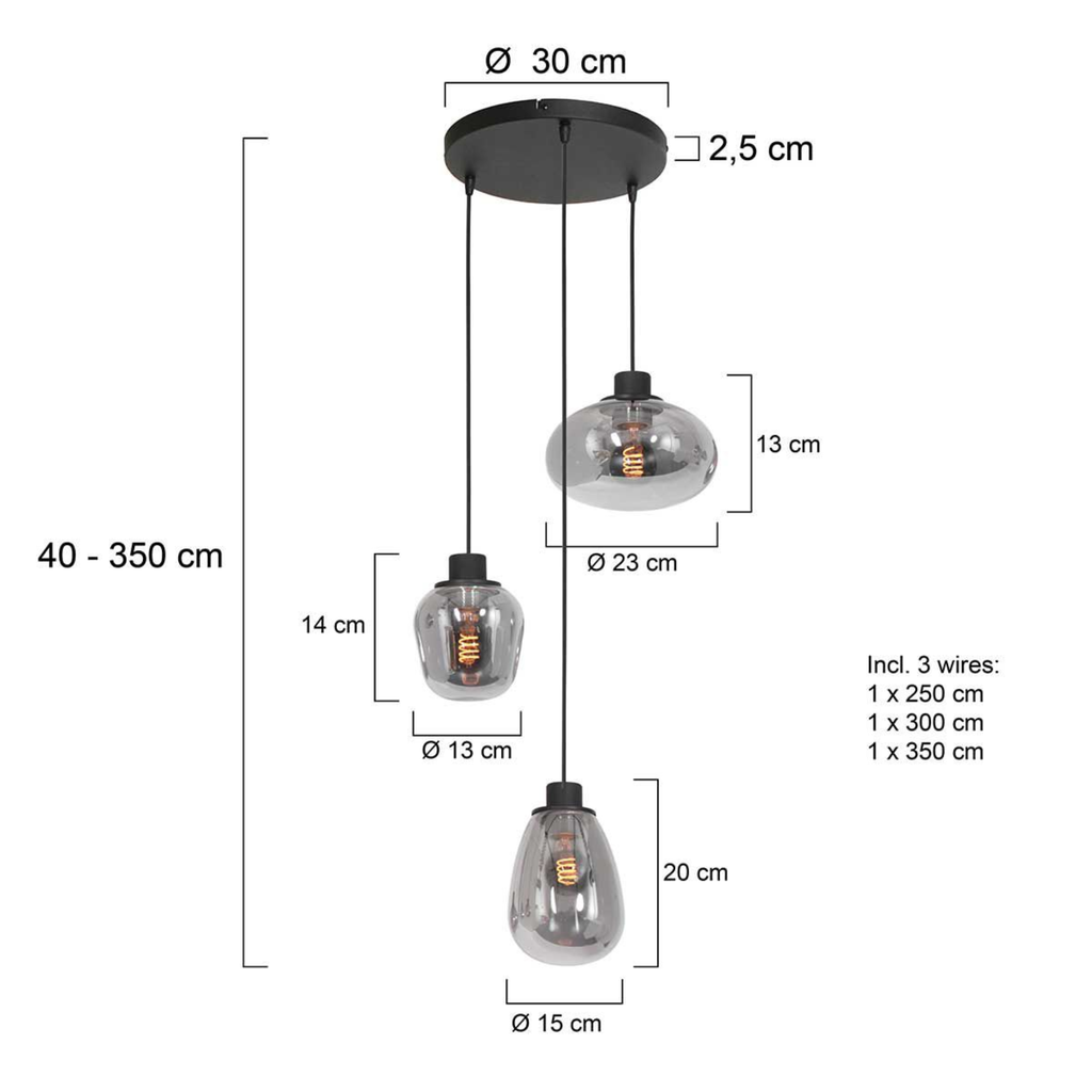 Steinhauer Reflexion Hanglamp | Zwart Staal, 3 Lichtpunten, Verstelbaar Smoke Glas