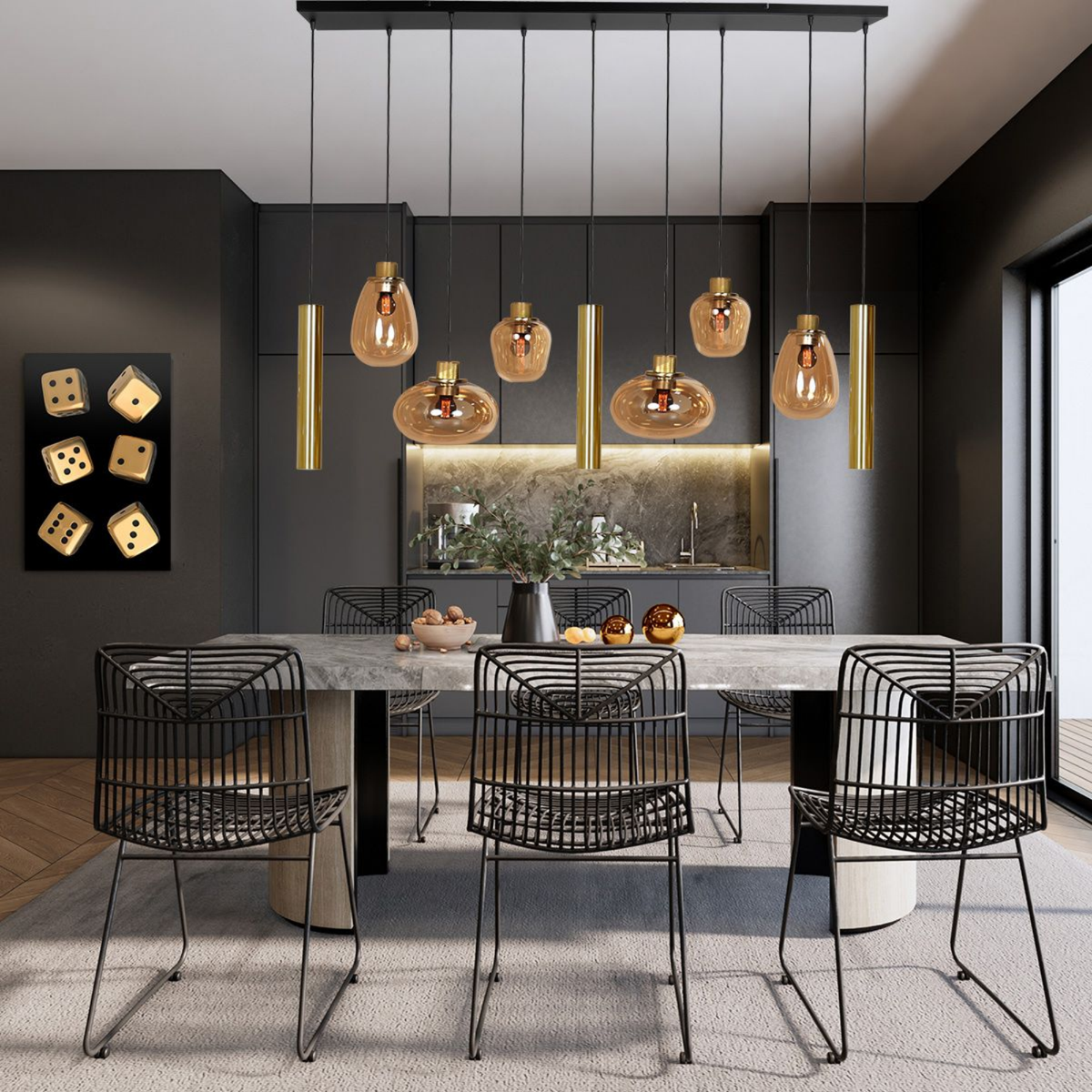 Steinhauer Reflexion Hanglamp | Messing, 9-lichts met Amber Glas Steinhauer