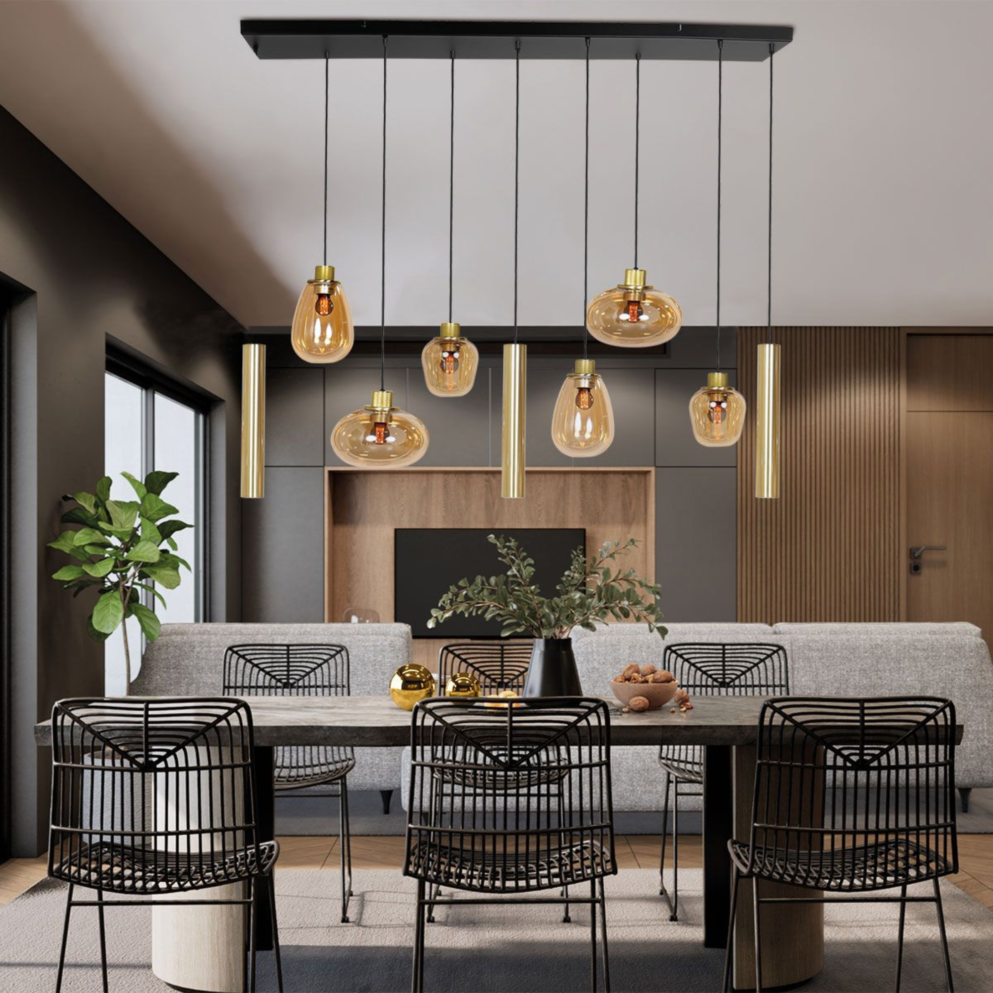 Steinhauer Reflexion Hanglamp | Messing, 9-lichts met Amber Glas