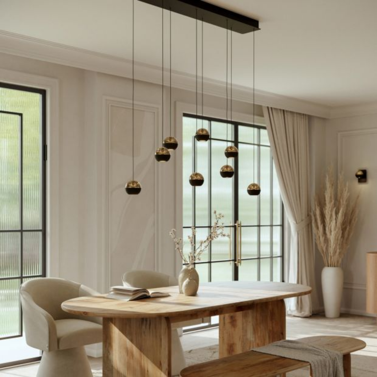 Steinhauer Belluno Hanglamp | Zwart Smoke Glas, 8-Lichts Eettafel Verlichting, Dim-to-Warm Steinhauer