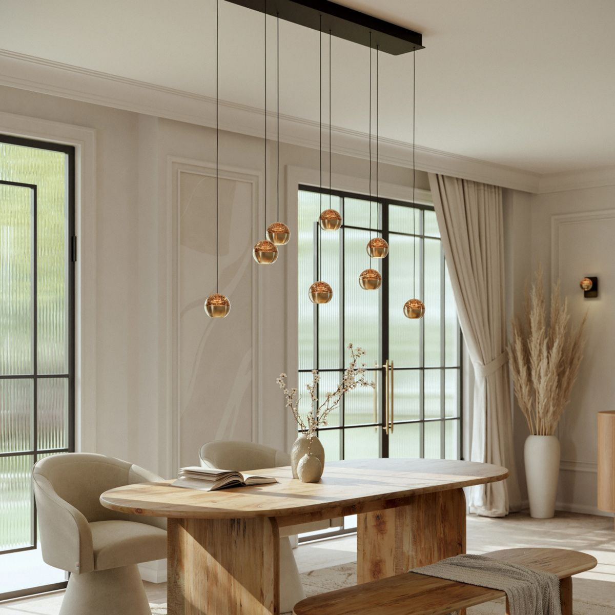 Steinhauer Belluno Hanglamp Messing | 8-Lichts Smoke Glas, Verstelbare Kabels voor Eettafel Steinhauer