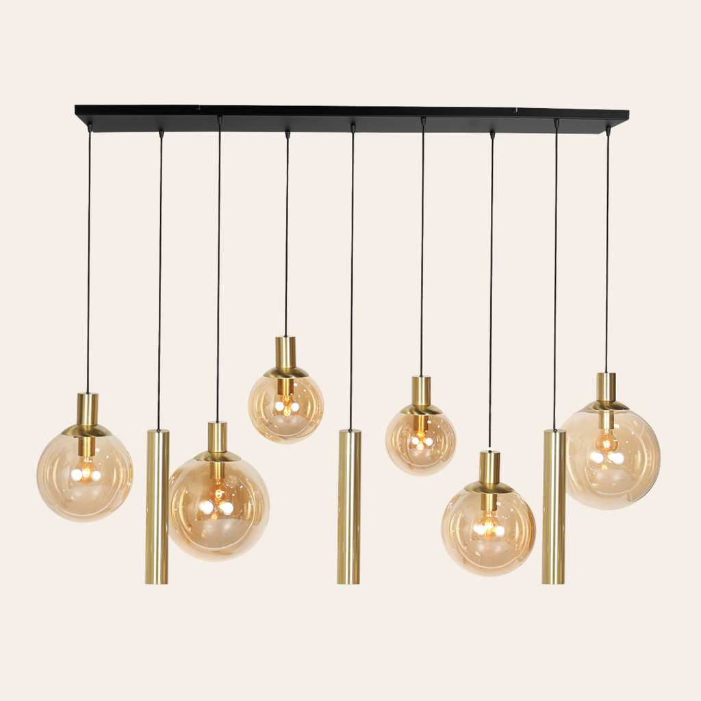 Steinhauer Bollique Hanglamp Eettafel | Messing met Amber Glas, 9-Lichts, Verstelbaar Steinhauer