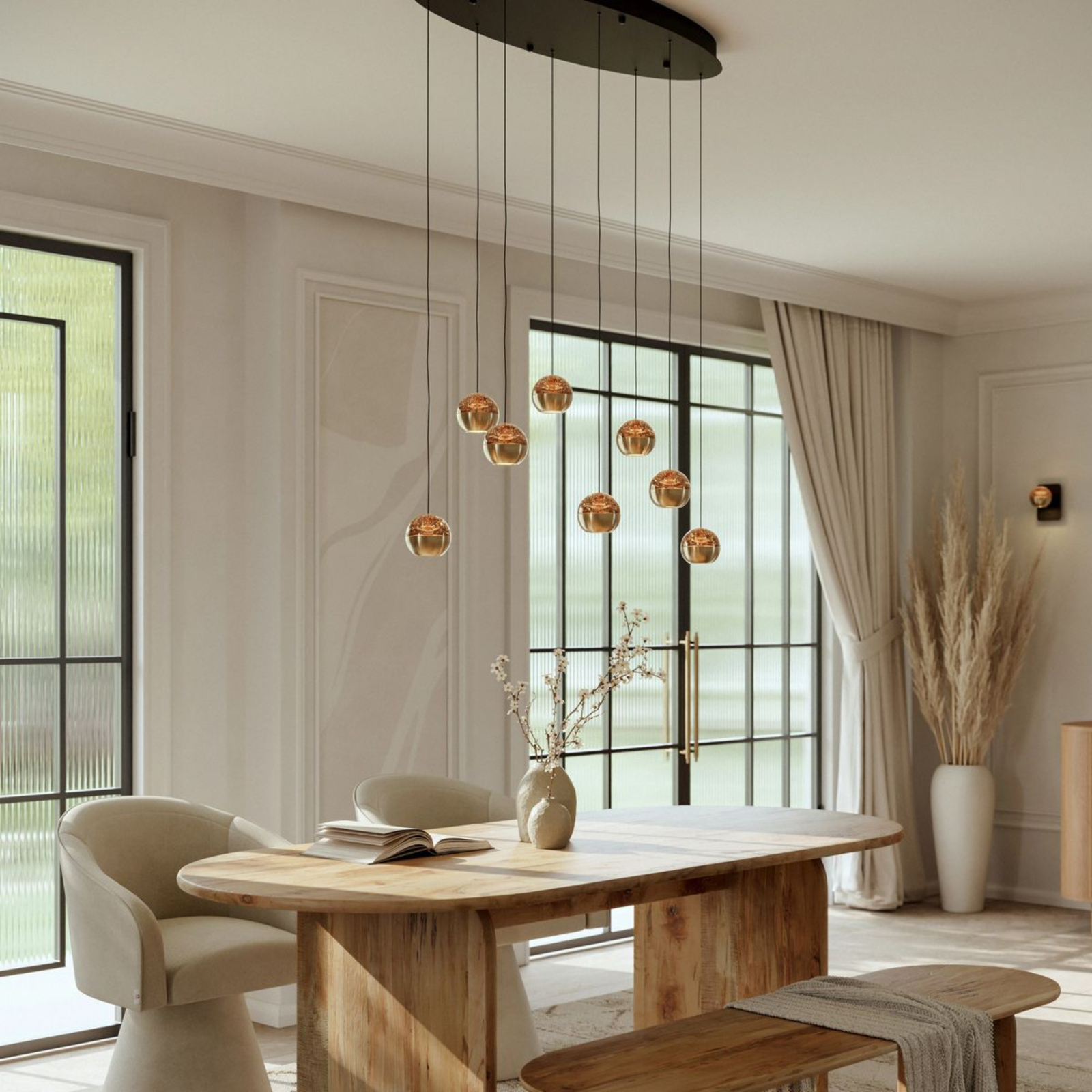 Steinhauer Belluno Hanglamp | Zwart Messing, Ovaal, 8-Lichts LED, In Hoogte Verstelbaar voor Eettafel