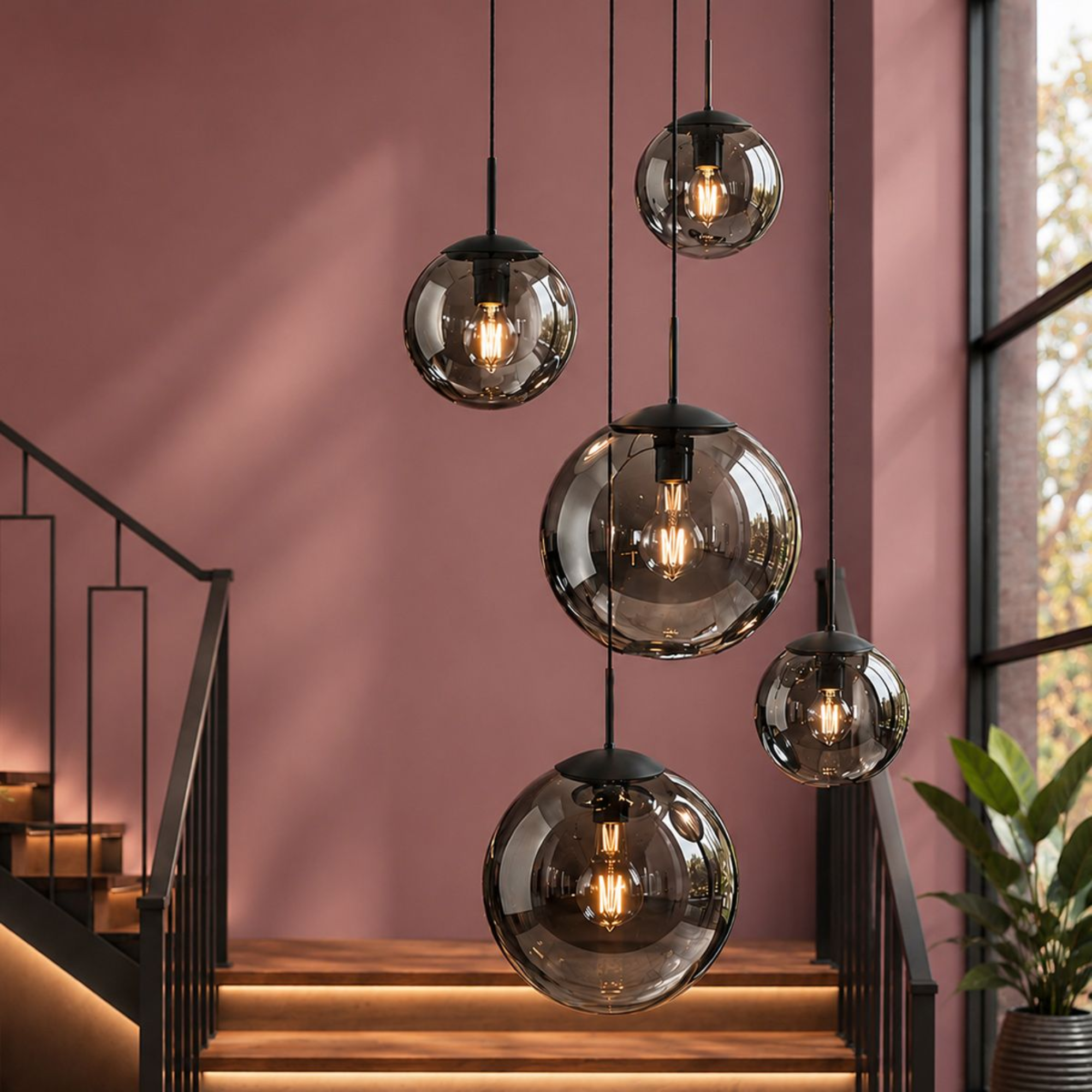 Steinhauer Bollique Hanglamp | Zwart Metaal, 5 Lichtpunten, Smoke Glas