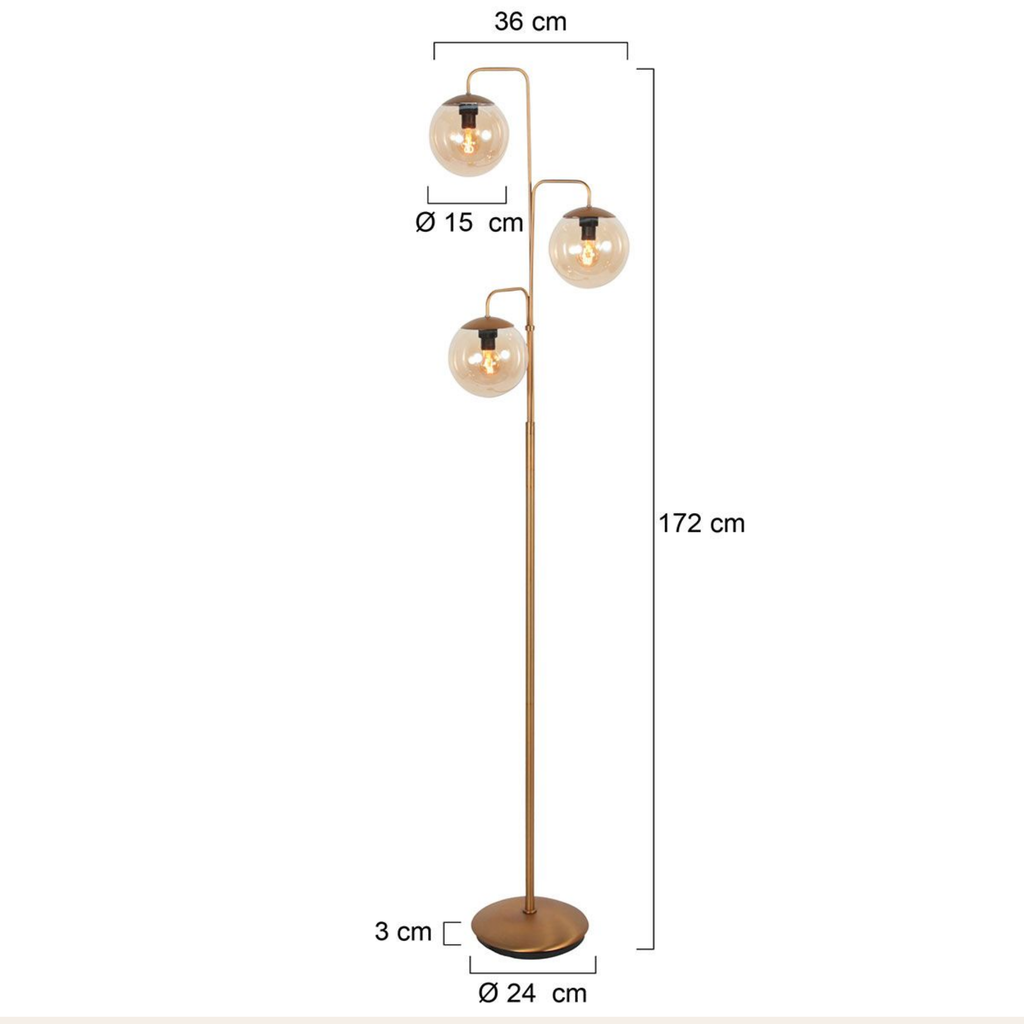 Steinhauer Bollique Vloerlamp | Brons Metaal, 3-Lichts Amber Glas voor Woonkamer Steinhauer