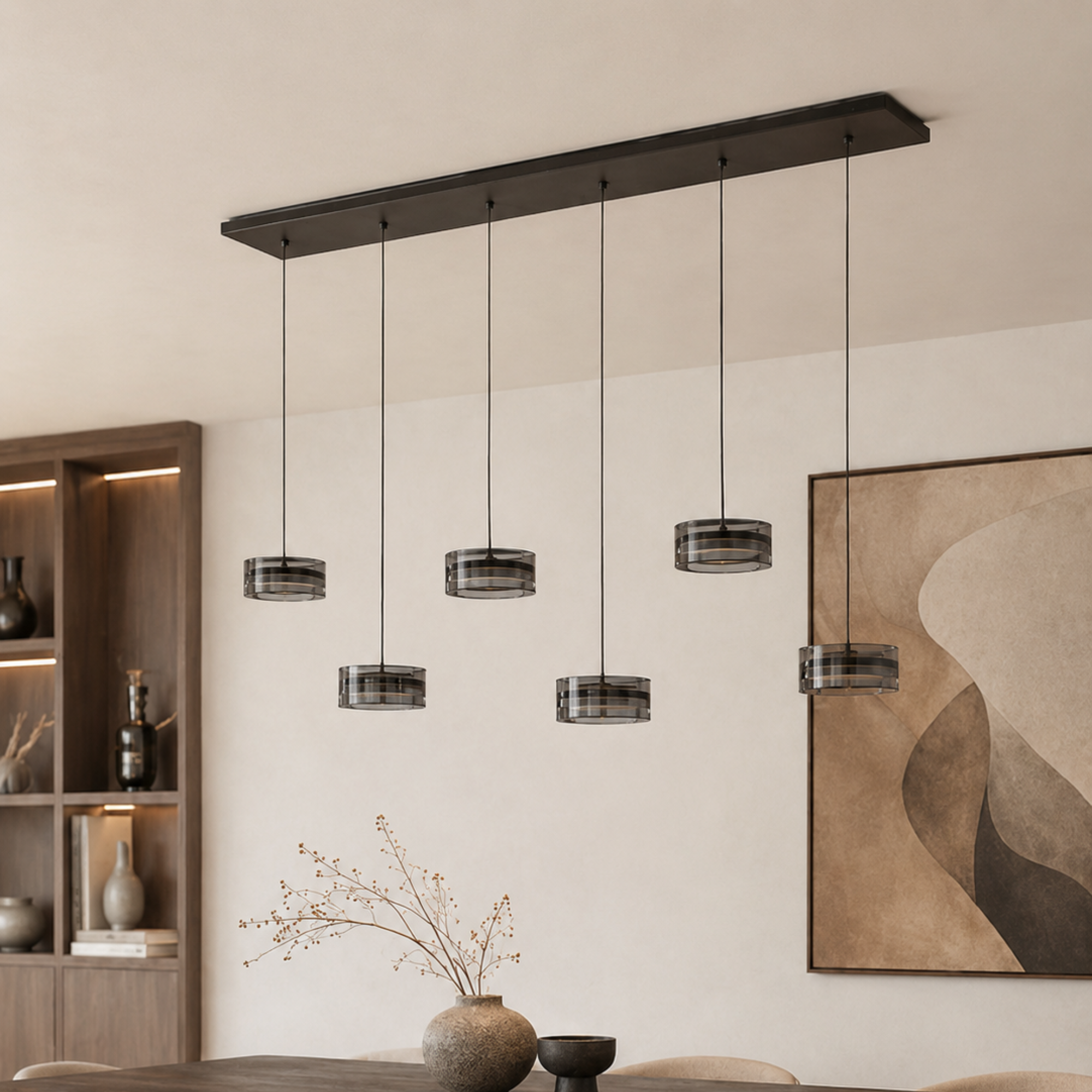 Maretti Corvino Hanglamp Zwart met Brons Glas - 6-Lichts LED Hanglamp 72W 2700K Dimbaar 130 cm