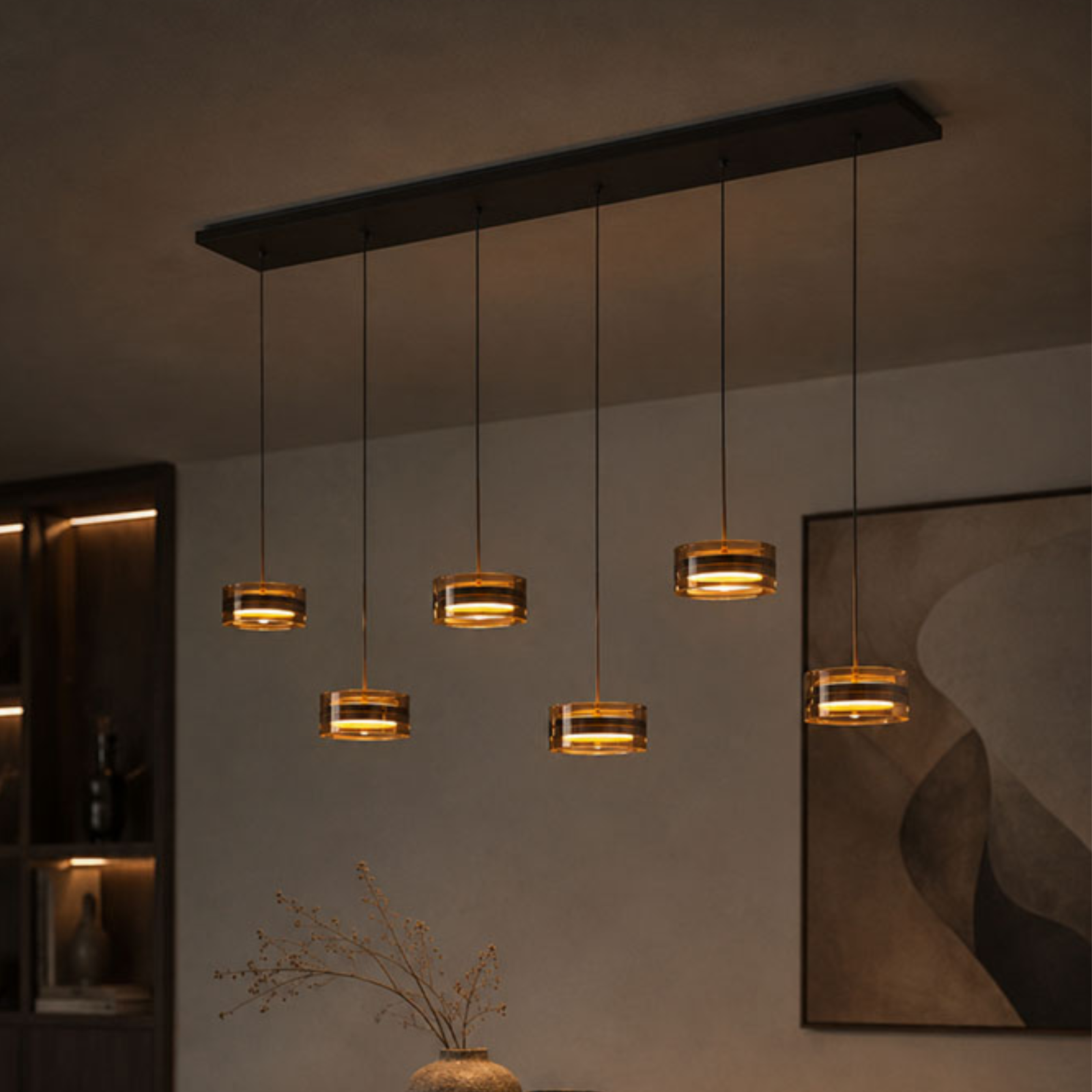Maretti Corvino Hanglamp Zwart met Brons Glas - 6-Lichts LED Hanglamp 72W 2700K Dimbaar 130 cm