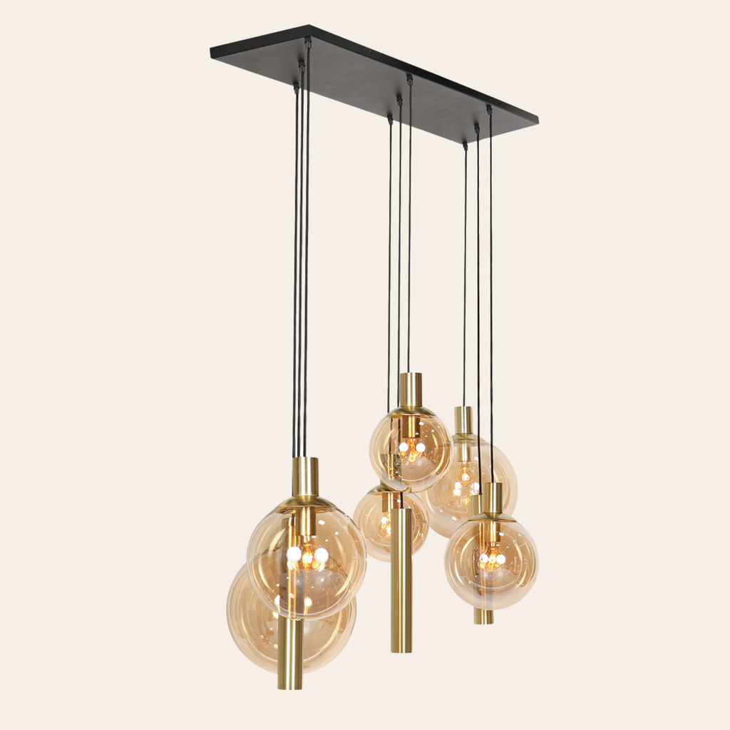Steinhauer Bollique Hanglamp Eettafel | Messing met Amber Glas, 9-Lichts, Verstelbaar Steinhauer