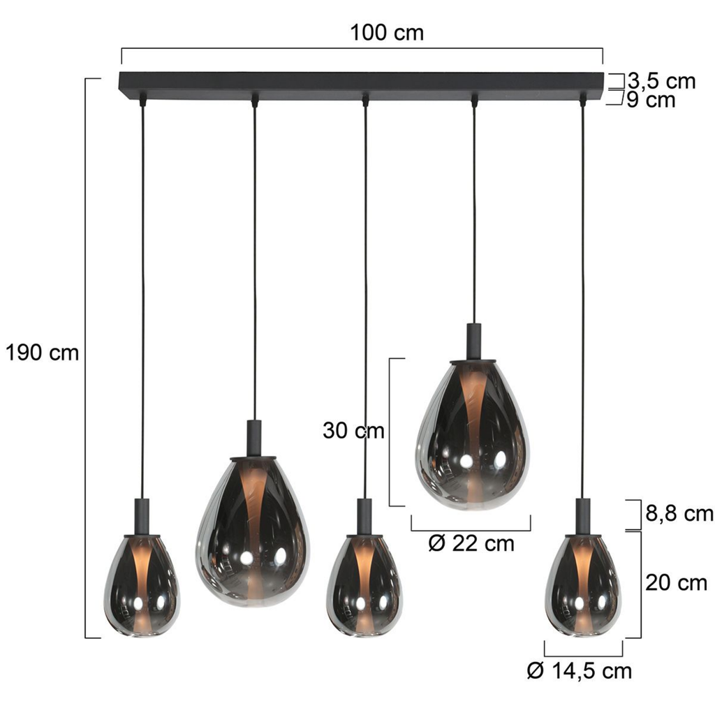 Steinhauer Glimsy Hanglamp | Zwart Metaal, Smoke Glas, Verstelbaar voor Eettafel Steinhauer