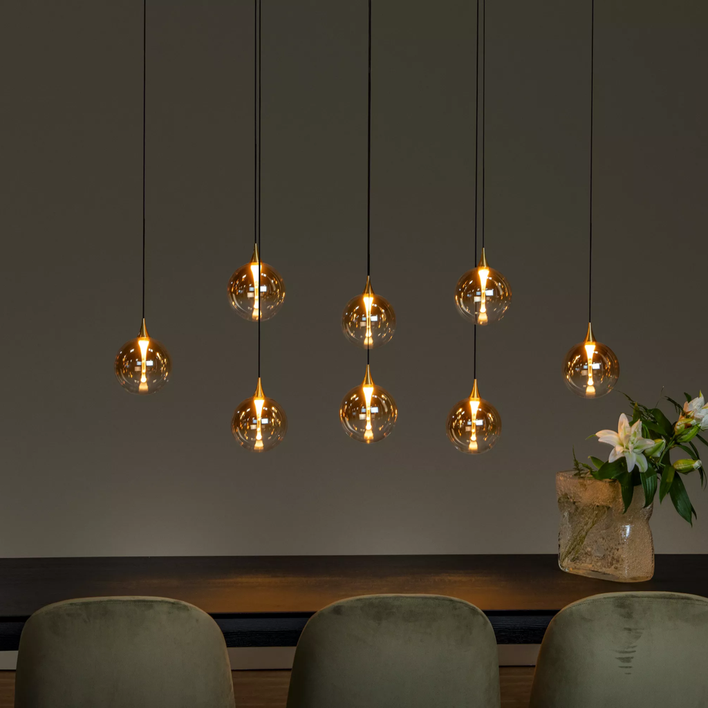 Lucide Gisela Hanglamp Amber Glas met Geïntegreerde LED - 8-Lichts Dimbare Hanglamp 140 cm