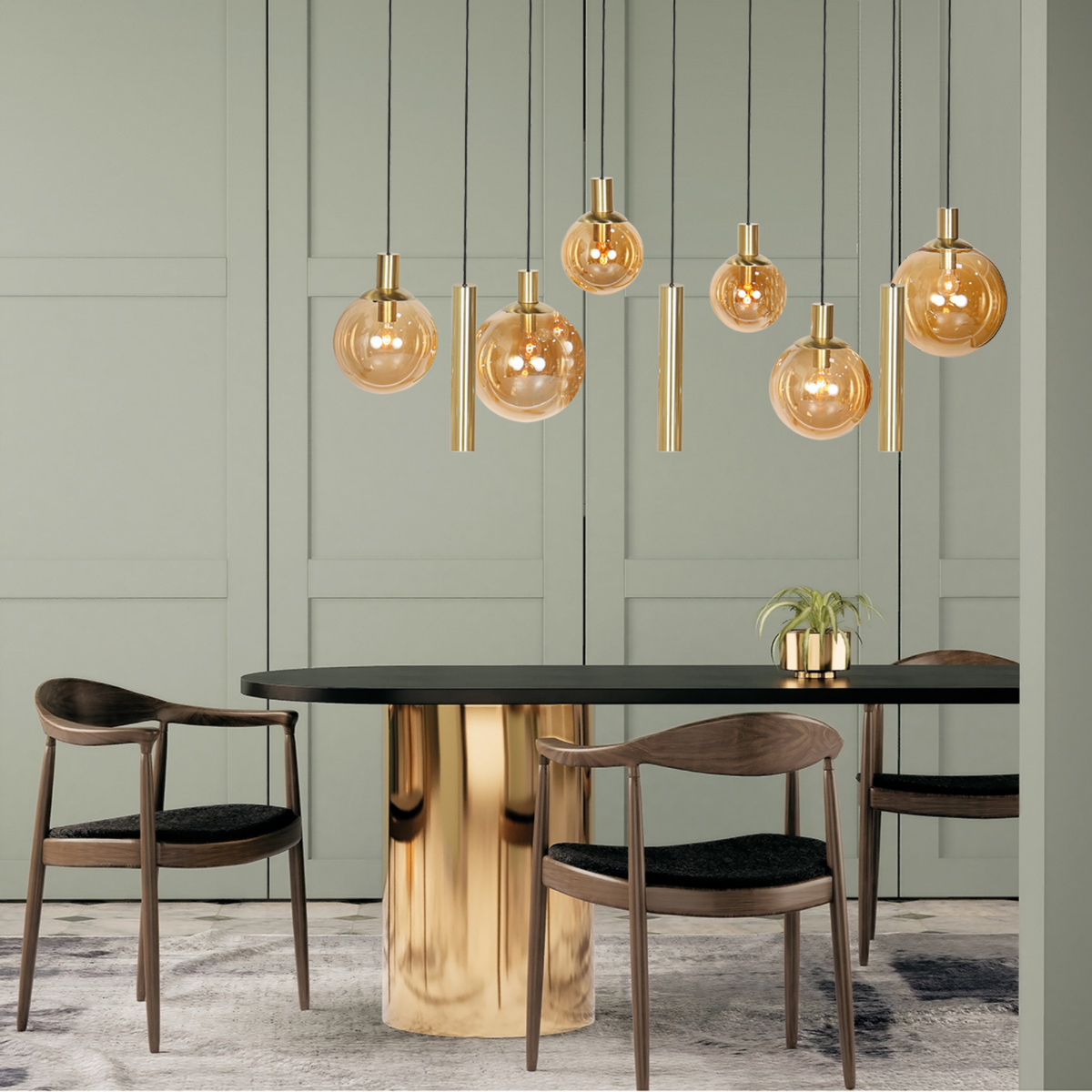 Steinhauer Bollique Hanglamp Eettafel | Messing met Amber Glas, 9-Lichts, Verstelbaar Steinhauer