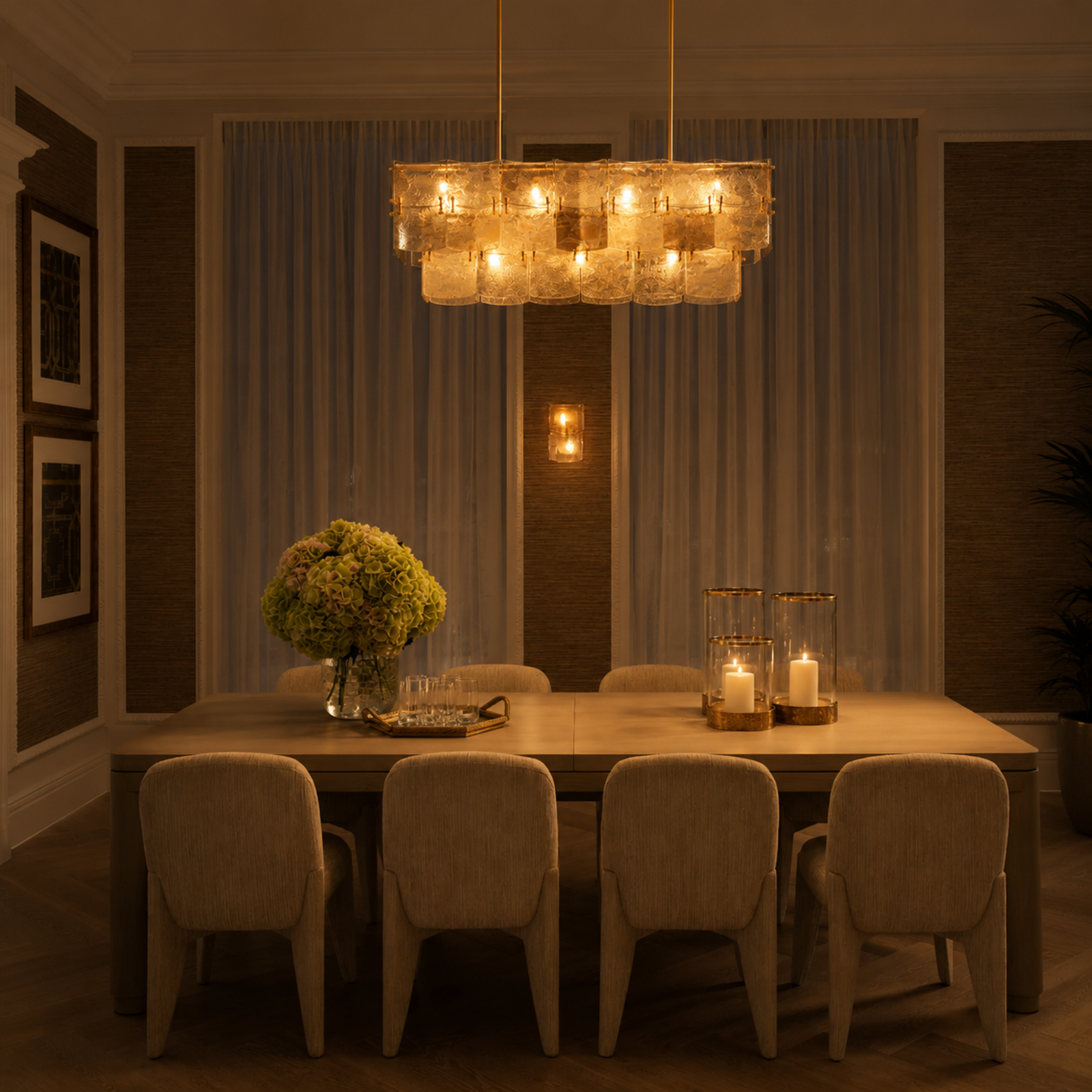 Eichholtz Laurent Rechthoekige Kroonluchter Antiek Messing met Gerookt & Champagneglas - 11-Lichts Hanglamp 127 cm