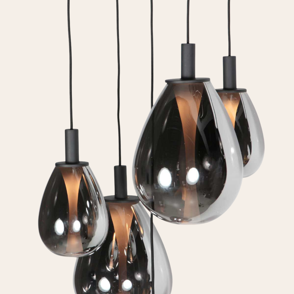 Steinhauer Glimsy Hanglamp Zwart | 5-Lichts, Verstelbaar, Smoke Glas, Perfect voor Eettafel Steinhauer
