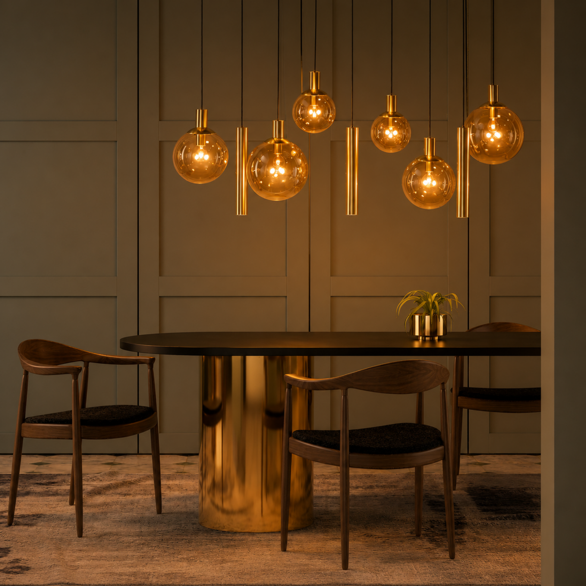 Steinhauer Bollique Hanglamp Eettafel | Messing met Amber Glas, 9-Lichts, Verstelbaar Steinhauer