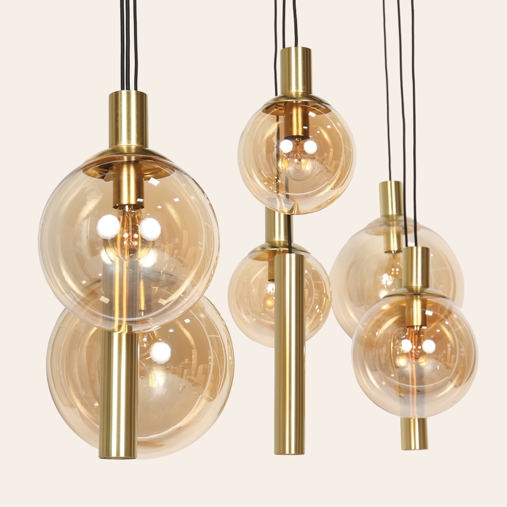 Steinhauer Bollique Hanglamp Eettafel | Messing met Amber Glas, 9-Lichts, Verstelbaar Steinhauer