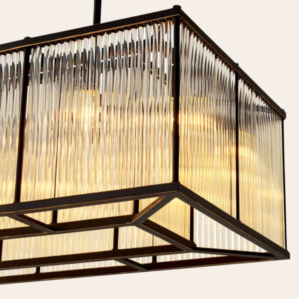 Eichholtz Bernardi Rechthoekige Hanglamp | Vintage Glas, Brons Gunmetal Afwerking voor Eettafel en Woonkamer
