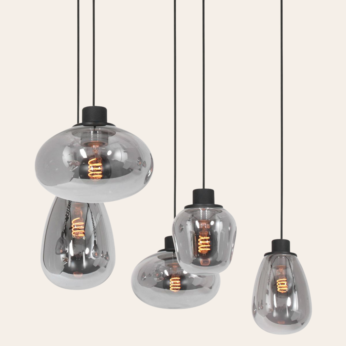 Steinhauer Reflexion Hanglamp | Zwart Staal, 5 Lichtpunten, Smoke Glas Steinhauer