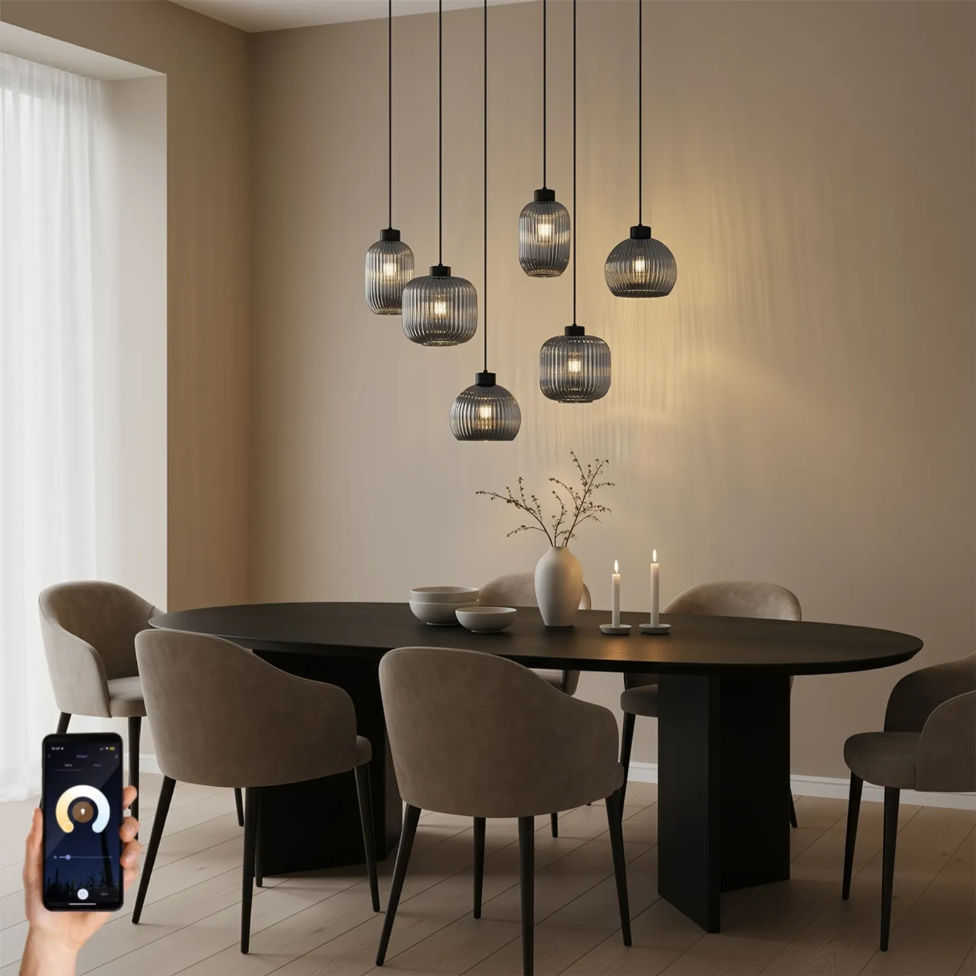 QAZQA Ana Smart Hanglamp Zwart met Smoke Glas - 6-Lichts Wifi Hanglamp Inclusief Dimbare LED Lichtbronnen
