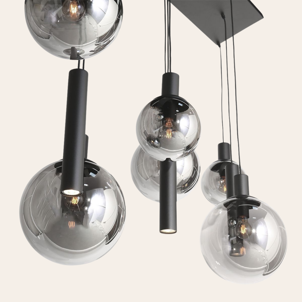 Steinhauer Bollique Hanglamp Zwart | 9-Lichts Smoke Glas, Verstelbaar voor Eettafel Steinhauer