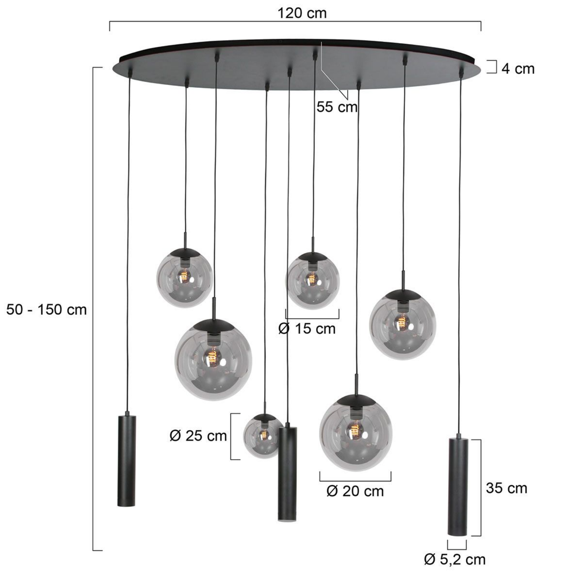 Steinhauer Bollique Hanglamp 9-lichts | Zwart Metaal, Smoke Glas, In Hoogte Verstelbaar Steinhauer