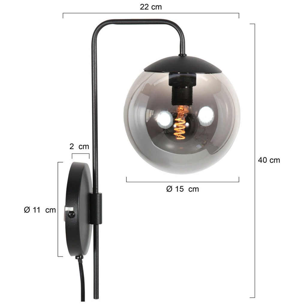 Steinhauer Bollique Wandlamp | Zwart Metaal, Smoke Glas, E14 Fitting Steinhauer