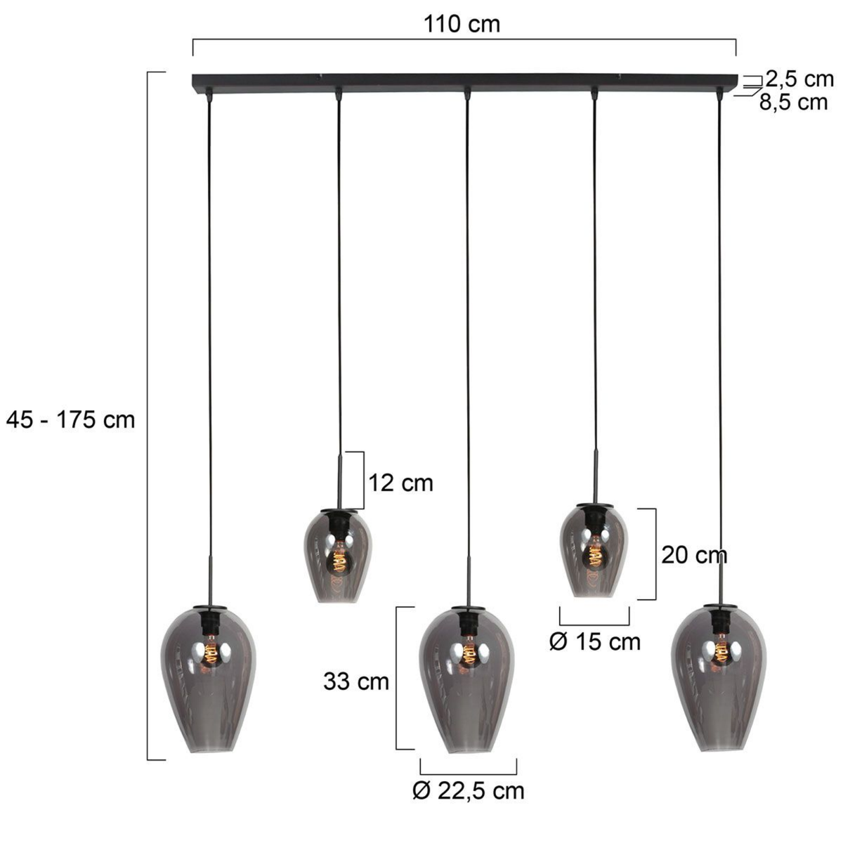 Steinhauer Drovia Hanglamp Zwart | Smoke Glas, Verstelbaar voor Eettafel Steinhauer
