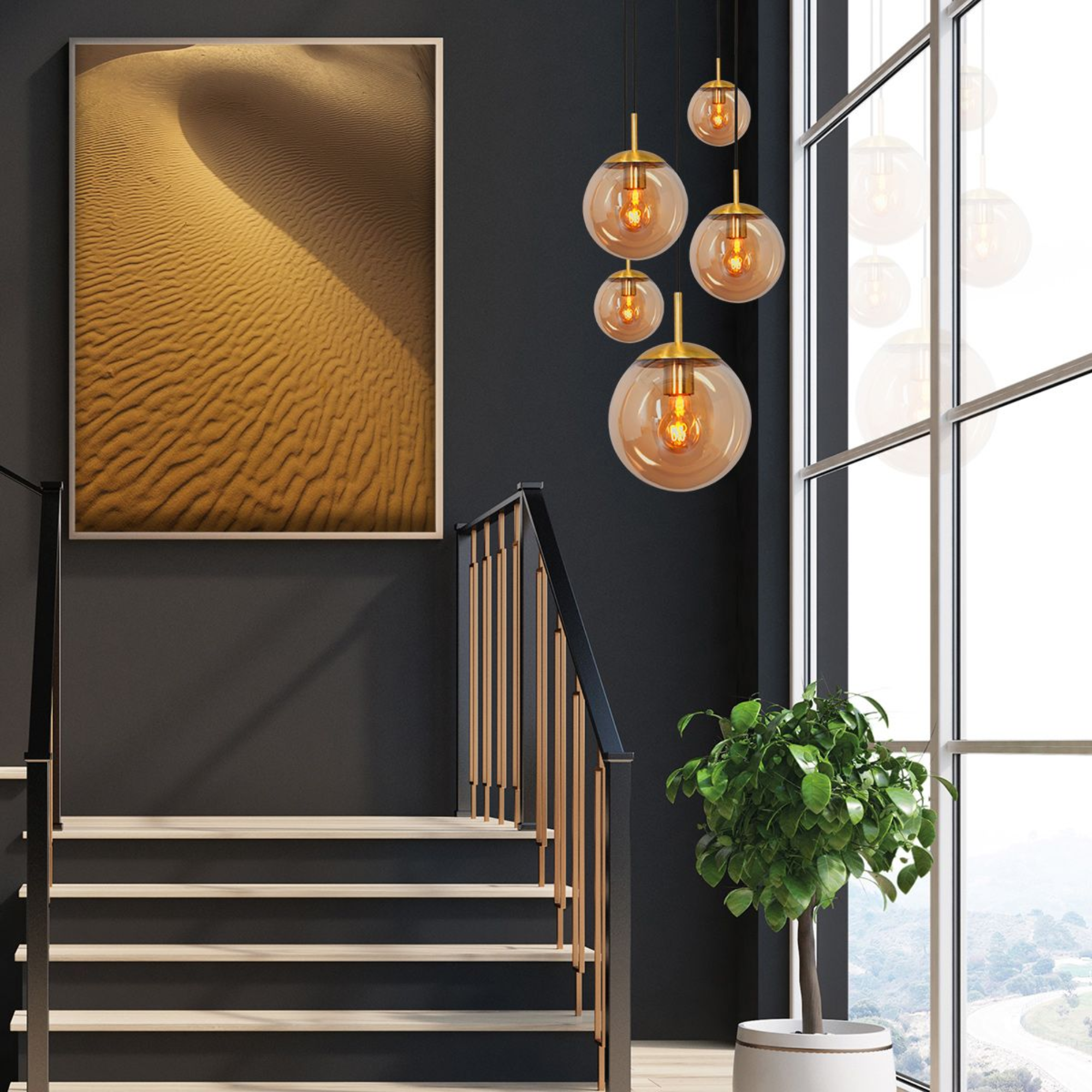 Steinhauer Bollique Hanglamp | Messing, 5-lichts met Amber Glas