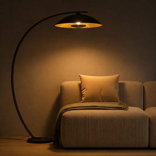 Lindby Emilienne Booglamp Zwart met Goudkleurige Kap - Metalen Vloerlamp 180 cm E27