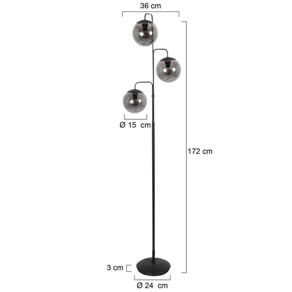 Steinhauer Bollique Vloerlamp | Zwart Metaal, 3-Lichts Smoke Glas voor Woonkamer Steinhauer