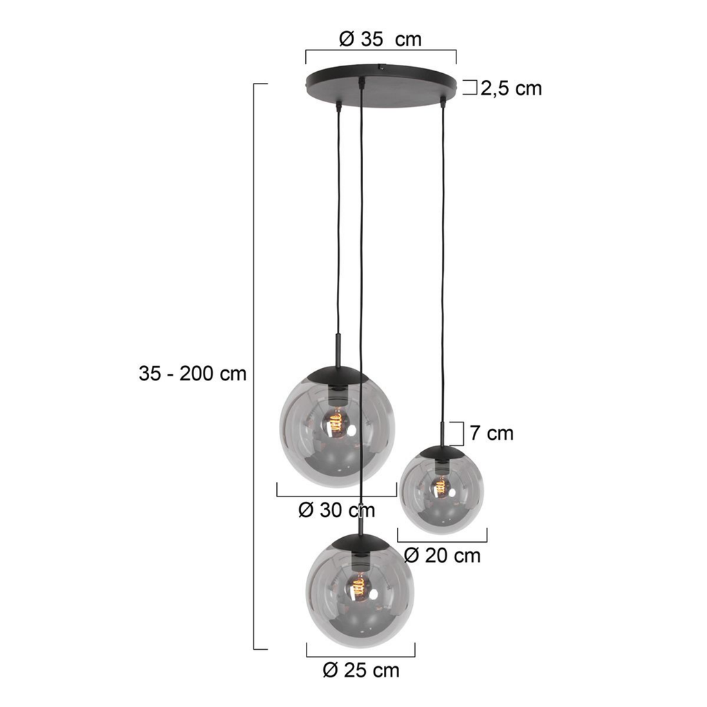 Steinhauer Bollique Hanglamp | Zwart Metaal, 3 Lichtpunten, Smoke Glas Steinhauer