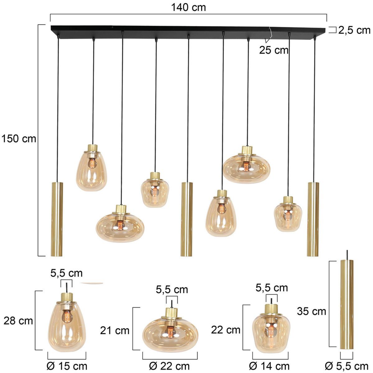 Steinhauer Reflexion Hanglamp | Messing, 9-lichts met Amber Glas Steinhauer