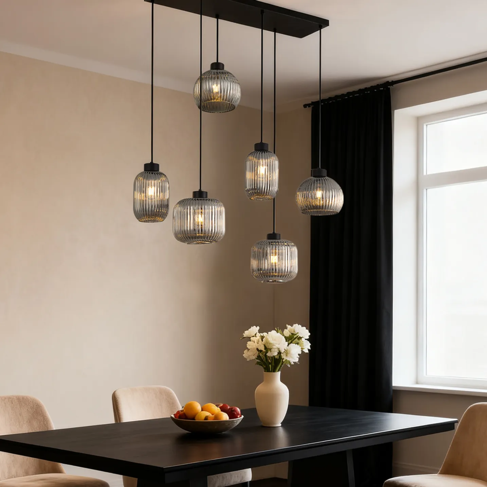 QAZQA Ana Smart Hanglamp Zwart met Smoke Glas - 6-Lichts Wifi Hanglamp Inclusief Dimbare LED Lichtbronnen