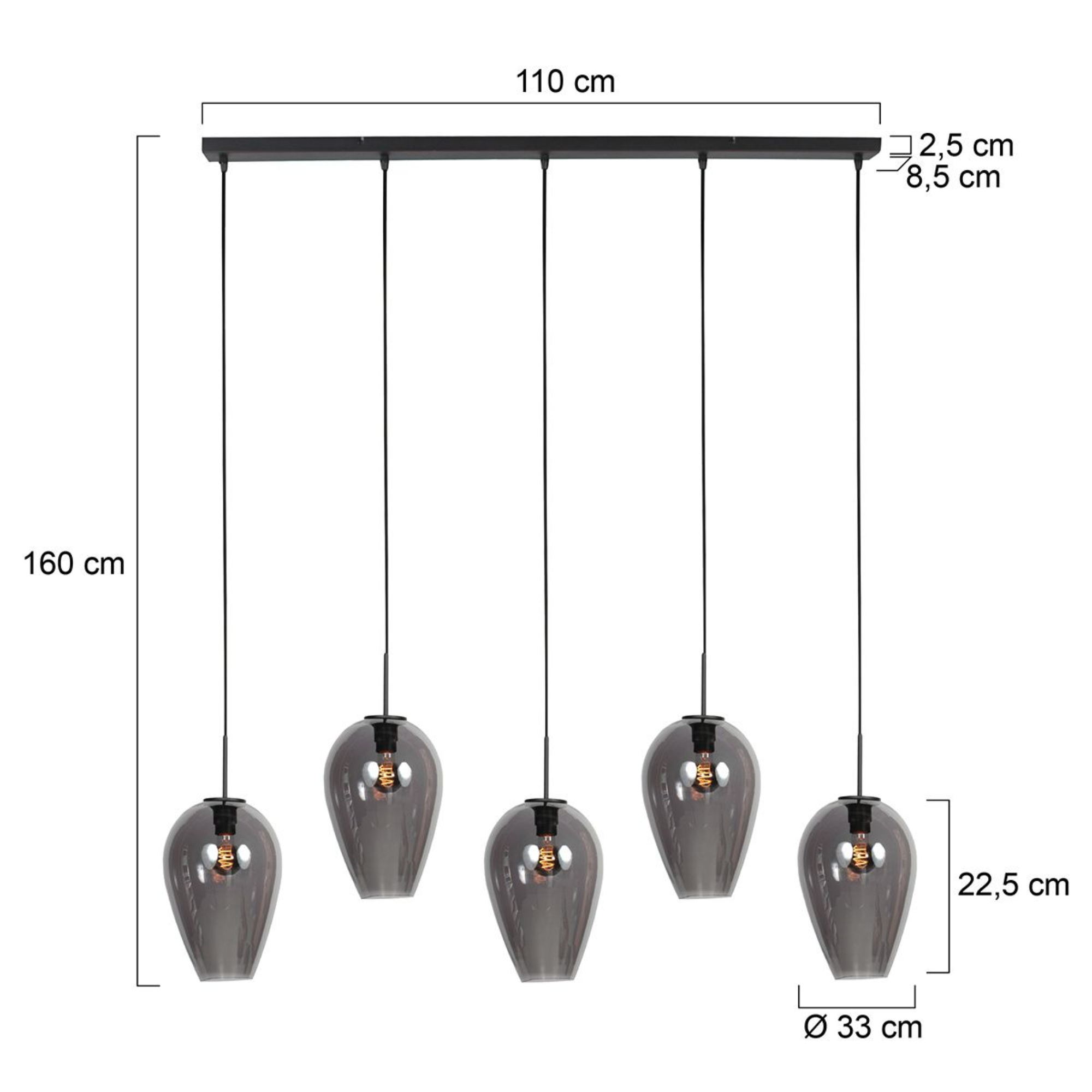 Steinhauer Drovia Hanglamp Zwart | Smoke Glas, 5-lichts voor Eettafel